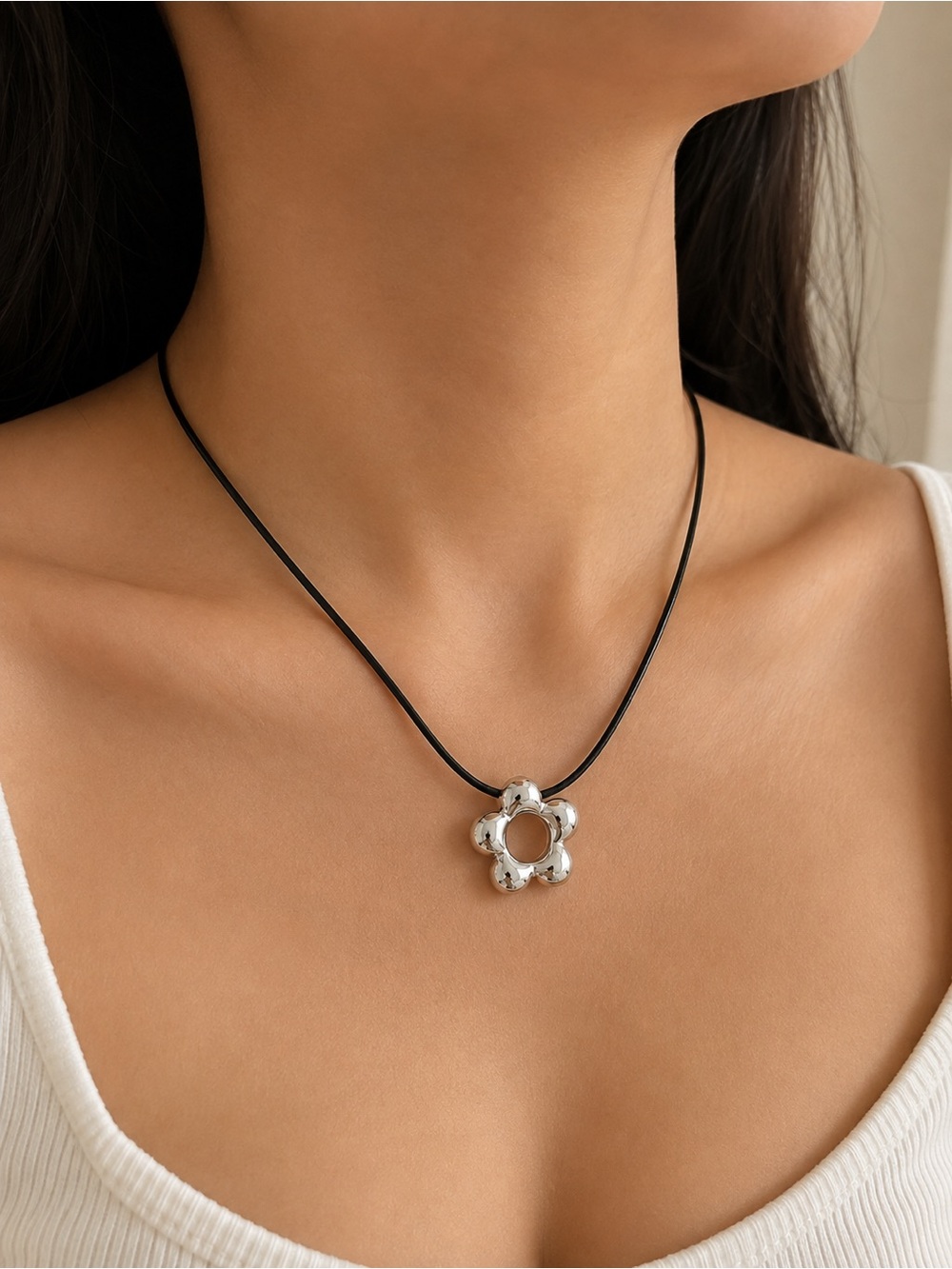 Black Leather Cord Necklace with Silver Flower Pendant